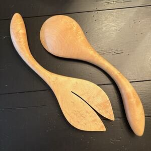 Maine Birdseye Maple Hand Carved Salad Serving Fork & Spoon 11"